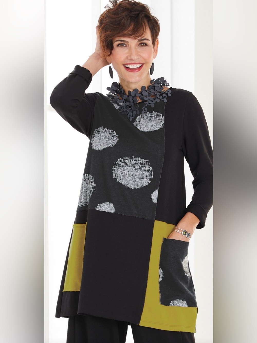 Chalet er ceci tunic top black polka dot patchwork Lagenlook art to wear sz M